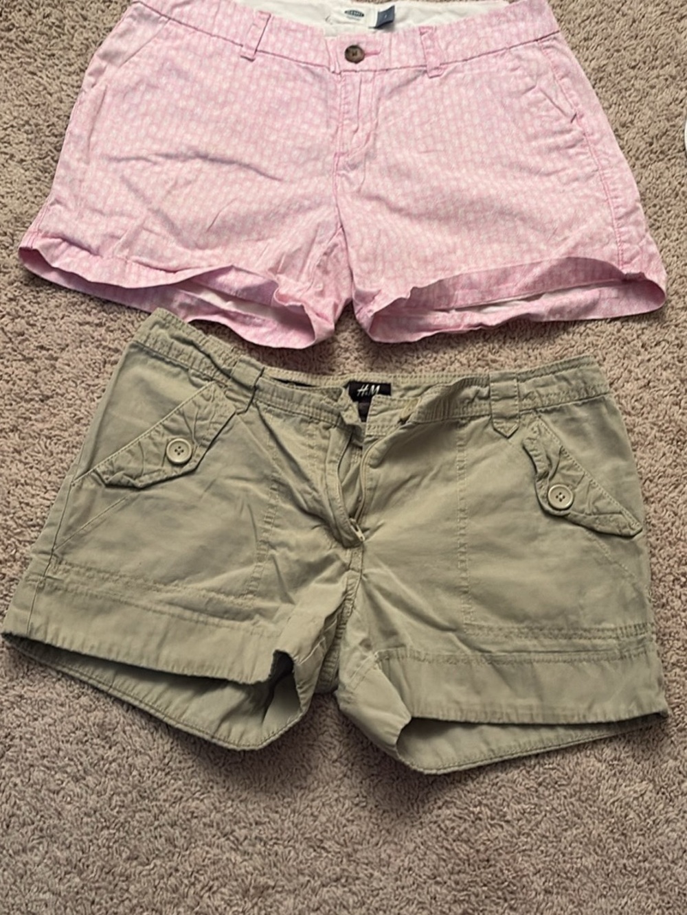Old Navy Pink Patterned Shorts and H & M Tan Cargo-Style Shorts